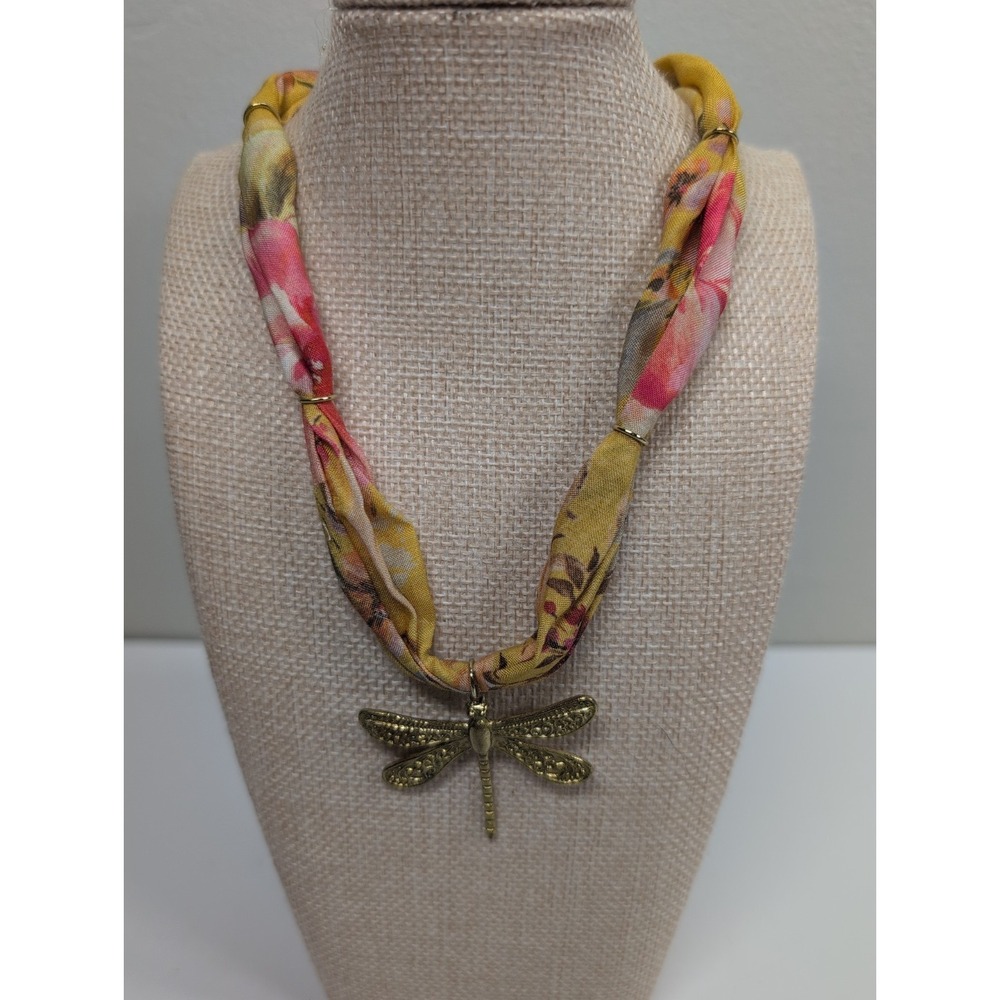 Classy Scarf Necklace With Beautiful Gold Tone Dragonfly Pendant